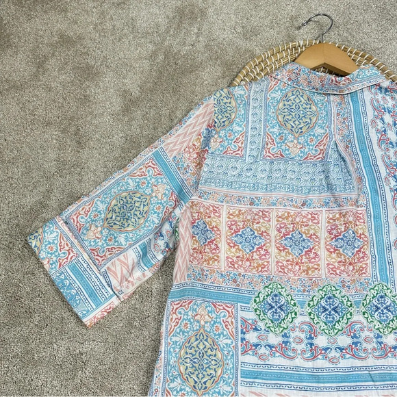 Chico’s No Iron 100% Linen Coastal Tile Button Down Shirt Top Multicolor Boho 18 - Picture 7 of 14